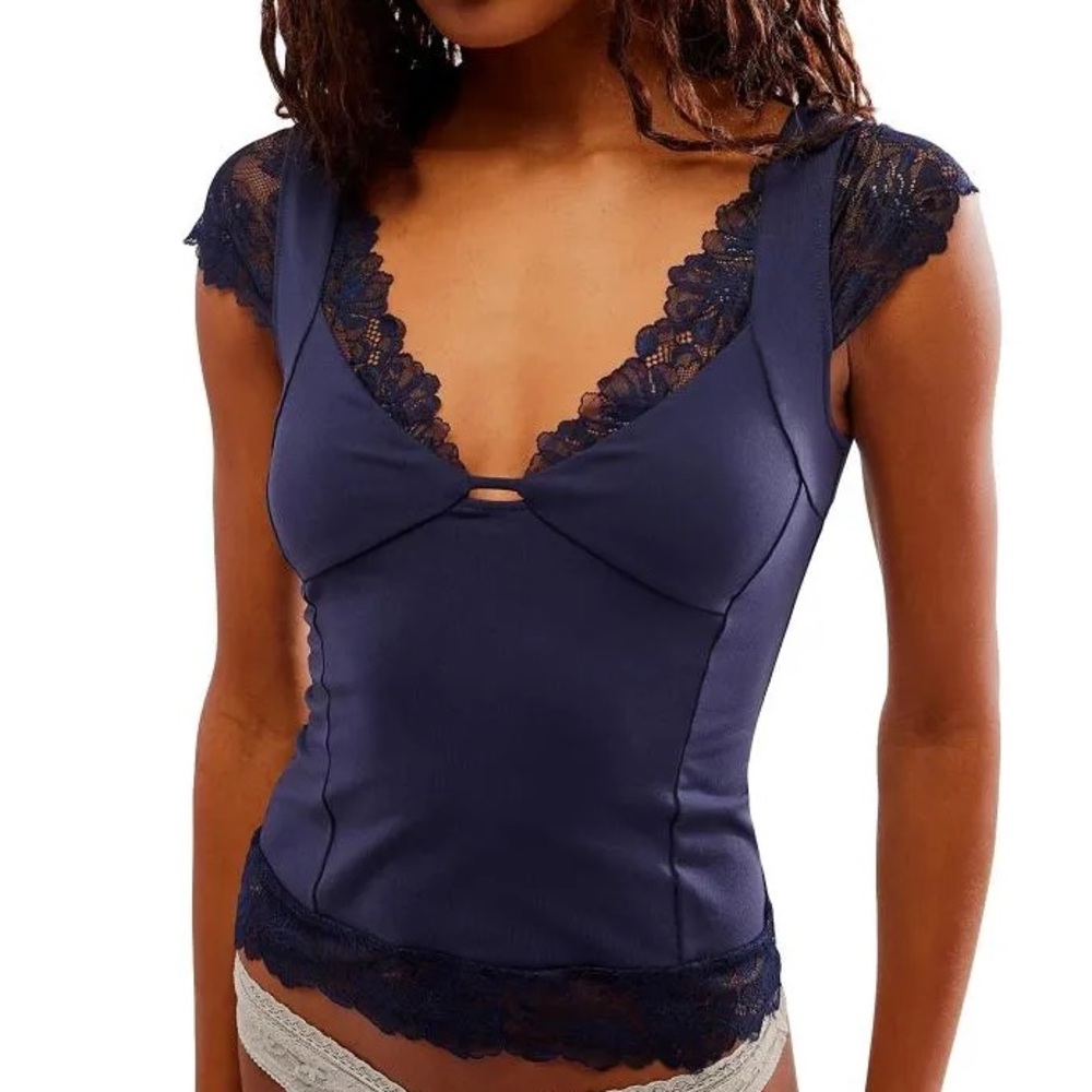 Free People Navy Lace-Trim “Better Not Cami”